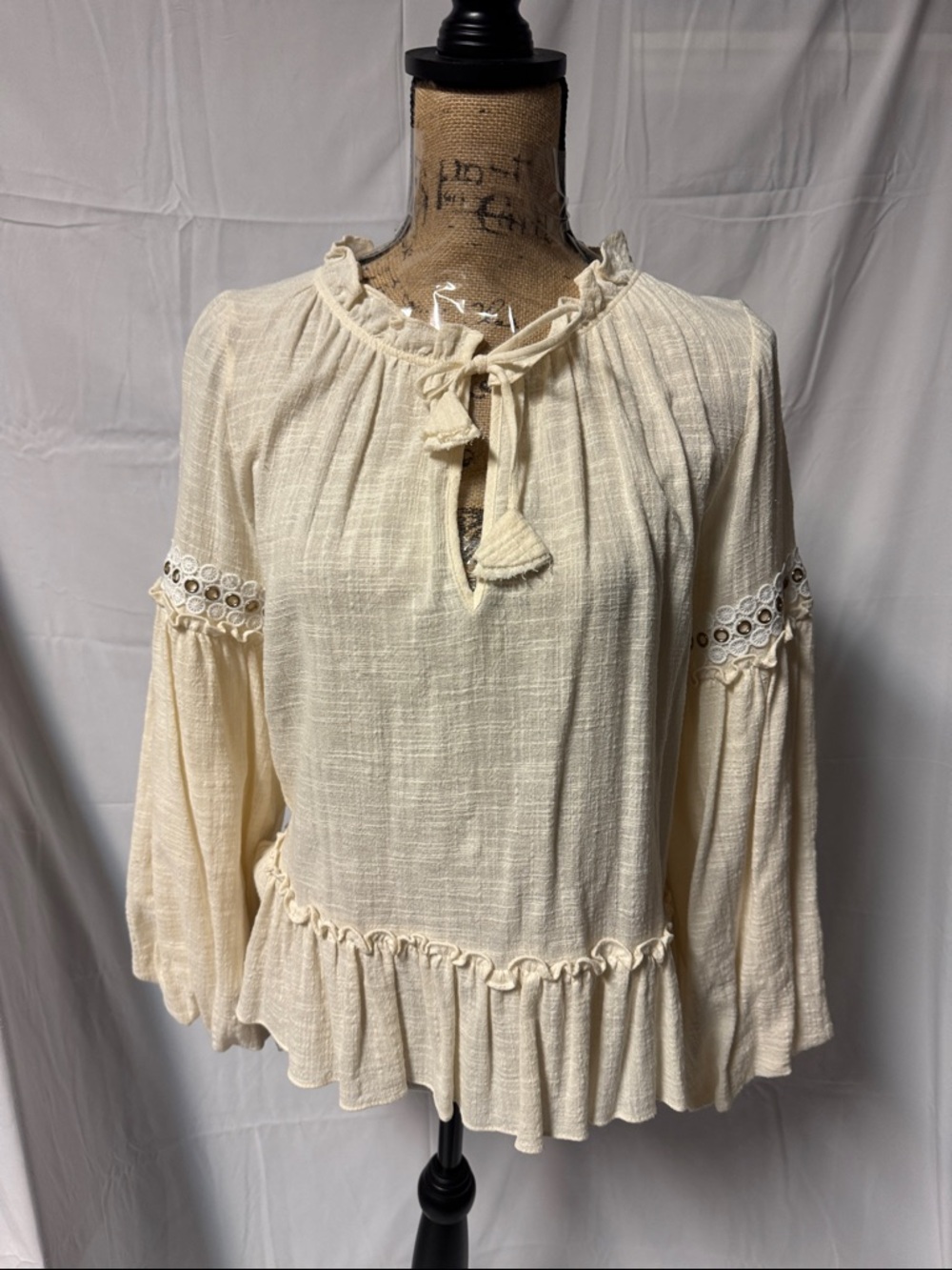 MISA Boho Ruffle Tie-Neck Peasant Blouse - Cream